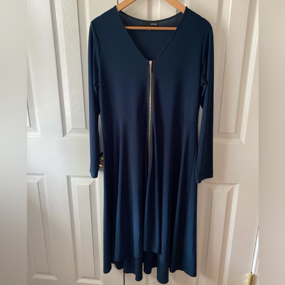 SUN KIM Navy Blue Jersey Knit Full-Zip V-Neck Long Sleeve Phoenix Dress SZ S